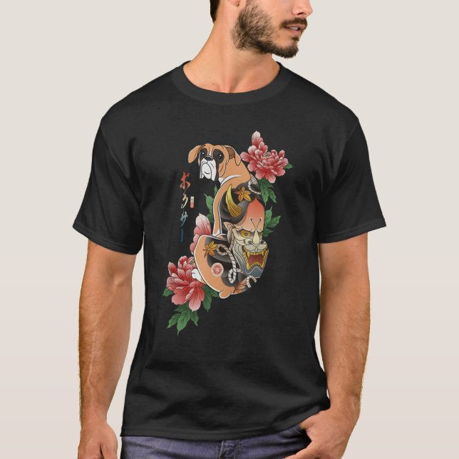 T-shirt Samurai Boxer Chien Ukiyo E Fleurs Guerrier japona (Devant)