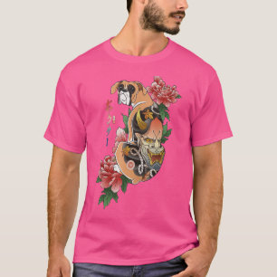 T-shirt Samurai Boxer Chien Ukiyo E Fleurs Guerrier japona
