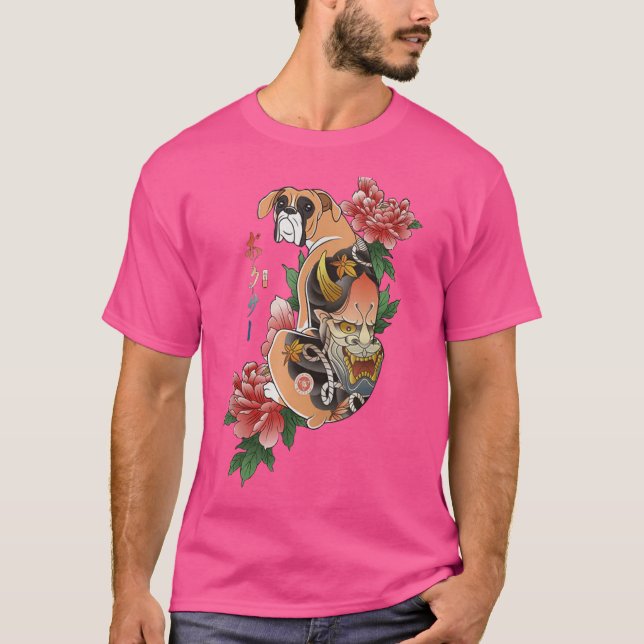 T-shirt Samurai Boxer Chien Ukiyo E Fleurs Guerrier japona (Devant)