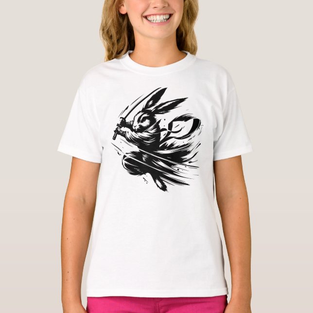T-shirt Samurai Bunny Black Ink Warrior Rabbit (Devant)