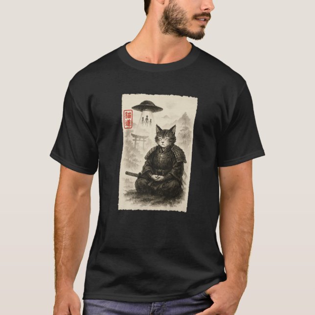 T-shirt Samurai Cat Alien UFO Funny Invasion Meme Sumi e J (Devant)