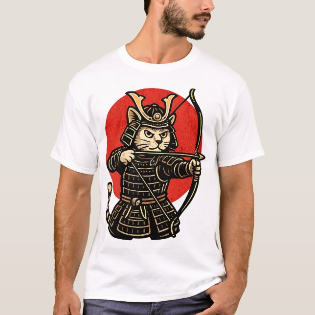 T-shirt Samurai Cat Archer, Japanese Warrior Neko  (Devant)