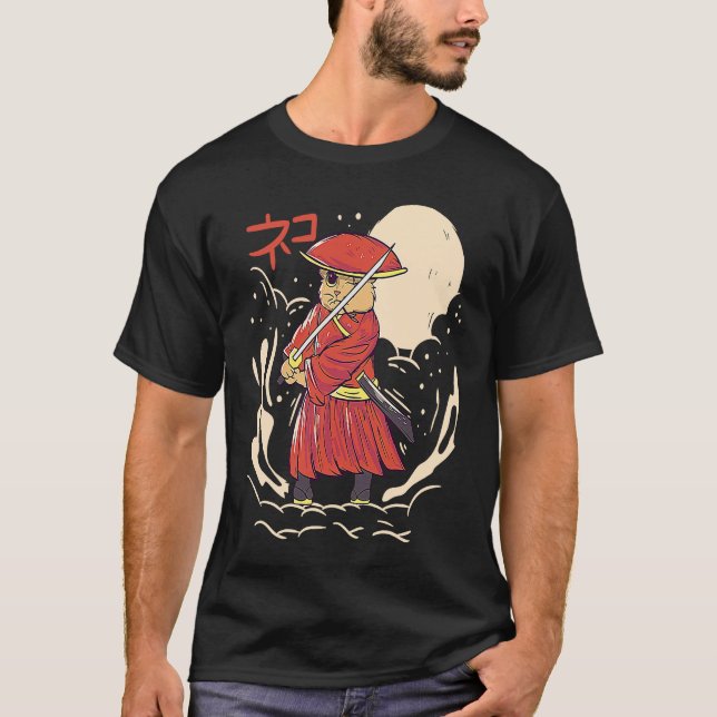 T-shirt Samurai Cat Illustration  Japanese Cute Graphic (Devant)