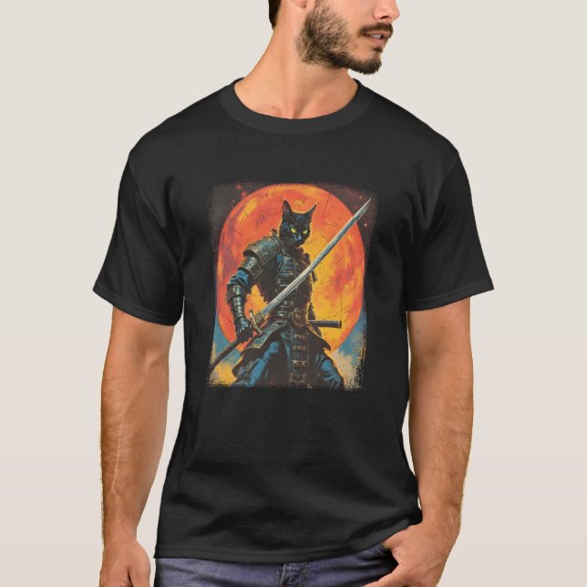 T-shirt Samurai Cat Japanese Sumi e Art Kawaii Funny Novel (Devant)