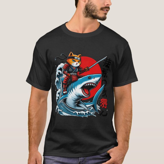 T-shirt Samurai Cat Ninja Japanese Art Cat Shark Kanagawa  (Devant)