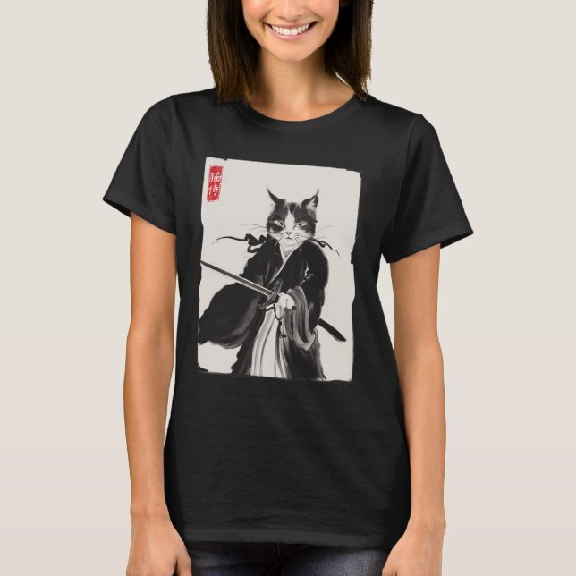 T-shirt Samurai Cat Warrior Ink Art Drôle Style Japonais (Devant)