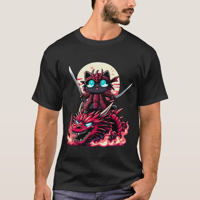 T-shirt Samurai Chat avec épée sur dragon dans la bataille (Devant)