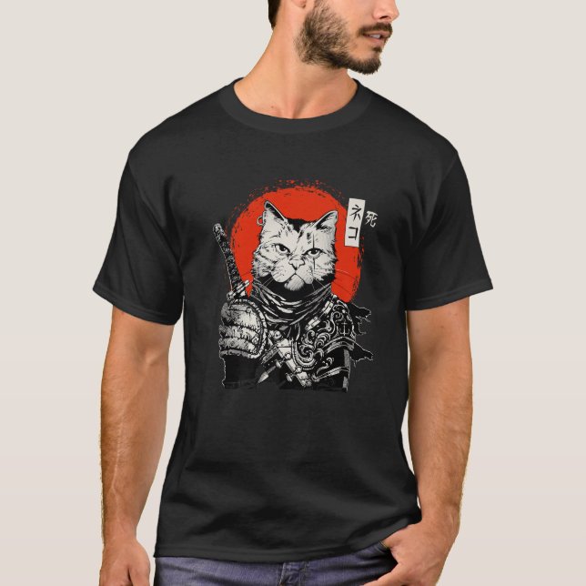 T-shirt Samurai Japanese Cat Bushido Warrior Katana Sword  (Devant)