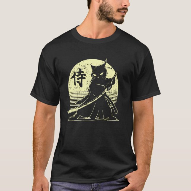 T-shirt Samurai Ninja Cat Japanese Art Kawaii Anime Retro  (Devant)