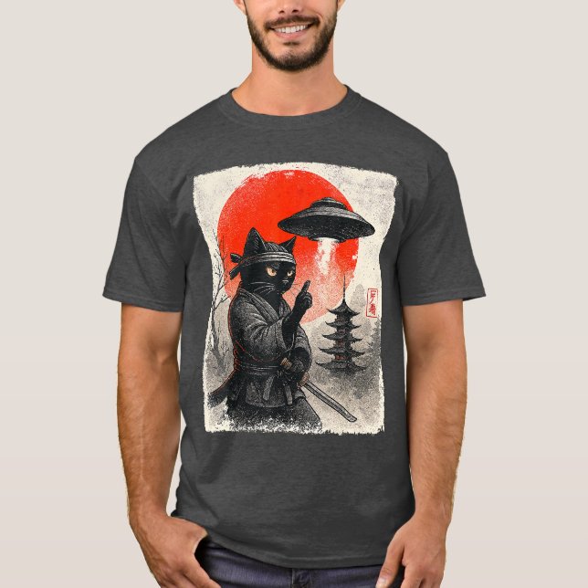 T-shirt Samurai Ninja Cat Warrior UFO Japanese Anime Gifts (Devant)