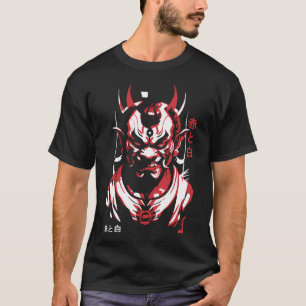 T-shirt Samurai Oni Masque Anime Rouge Blanc Kanji Aka Shi