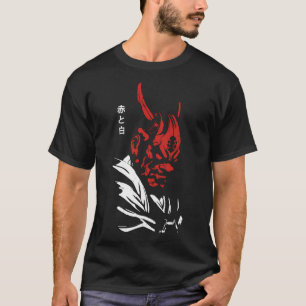 T-shirt Samurai Oni Masque Anime Rouge Blanc Kanji Aka Shi