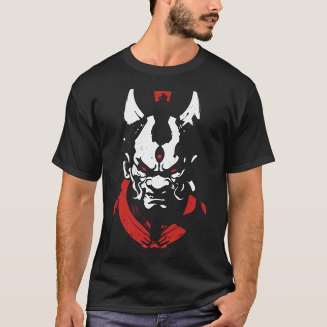 T-shirt Samurai Oni Masque Anime Rouge Blanc Kanji Aka Shi (Devant)