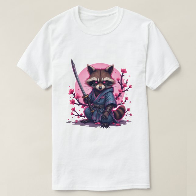 T-shirt Samurai Raccoon cerise en fleurs - Japonais Sakura (Design devant)