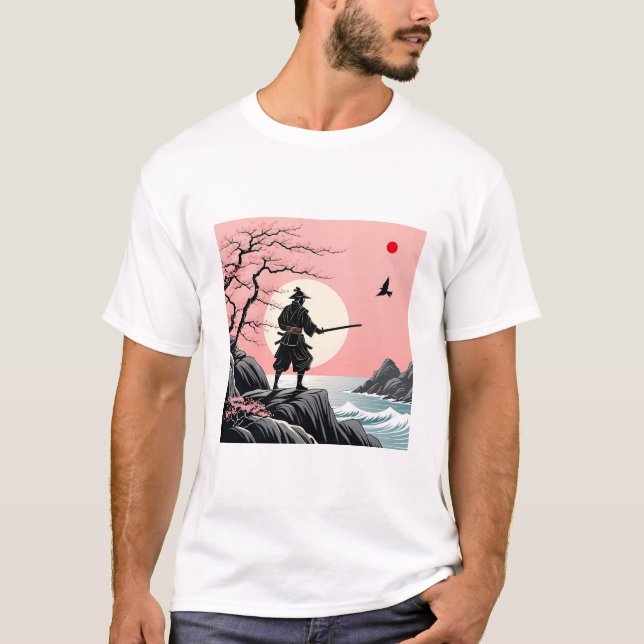 T-shirt Samurai Sunset Design - Ukiyo-e Cherry Blossom Art (Devant)