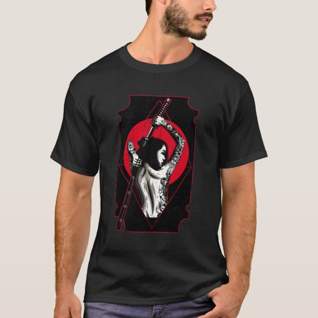 T-shirt Samurai Sword Girl Distress Style Japonais (Devant)
