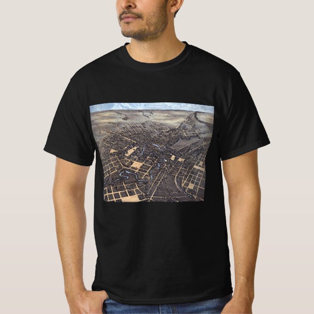 T-shirt San Antonio, Texas, Antique Aerial City Map, 1873 (Devant)