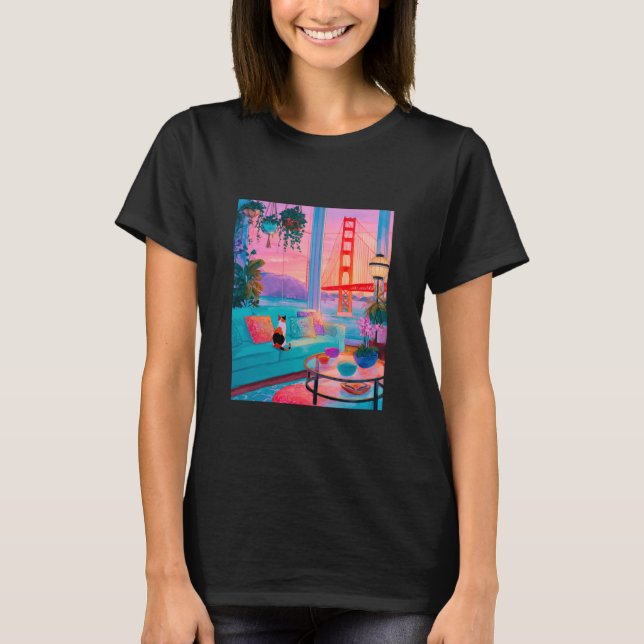 T-shirt San Francisco Calico Cat GoldenGate Bridge Retro A (Devant)
