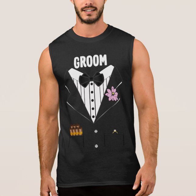 T-shirt Sans Manches Drôle Groom Tuxedo Avec Cigars et Anneau Pour Mari (Devant)