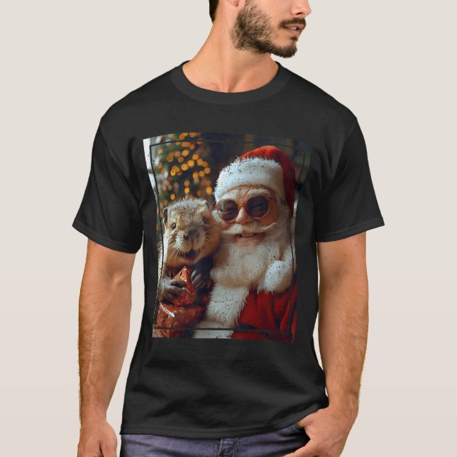T-shirt Santa And Beaver Selfie Funny Christmas Design  (Devant)