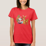 T-shirt Santa and Reindeer par Christmas Tree with Present<br><div class="desc">Une jolie illustration avec l'esprit de fête. Le Père Noël portant son sac cadeau et saluant. Son ami renne à ses côtés,  suspendu par un sapin décoré,  avec des cadeaux tout autour. Placez-vous sur un arrière - plan rouge avec des cercles fantaisistes. Design festif et gai.</div>
