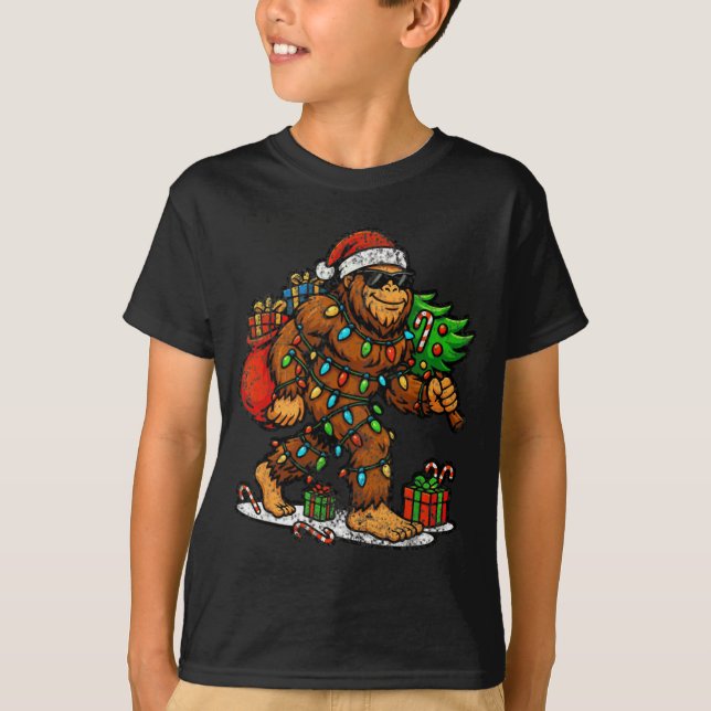 T-shirt Santa Bigfoot Christmas Tree Xmas Lights Funny Sas (Devant)