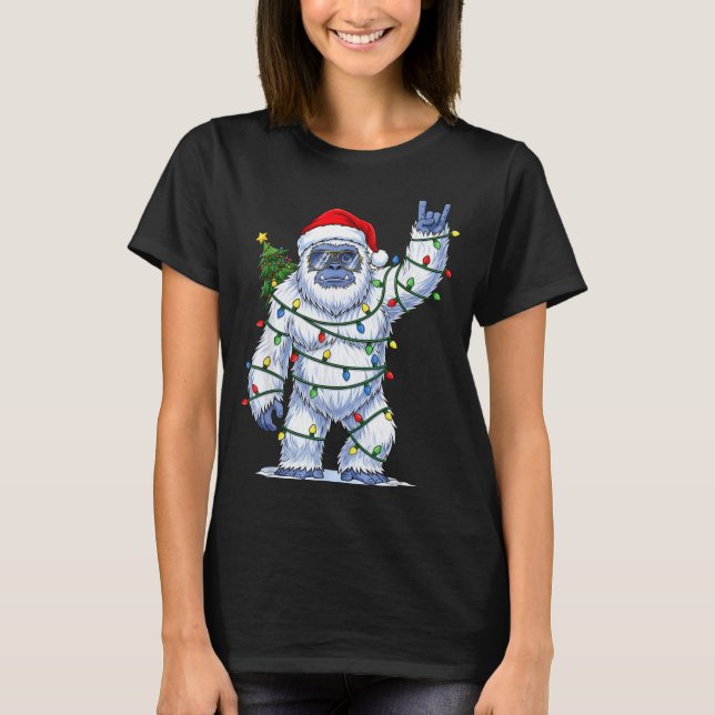 T-shirt Santa Bigfoot Christmas Tree Xmas Lights Funny Sas (Devant)