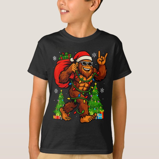 T-shirt Santa Bigfoot Christmas Tree Xmas Lights Funny Sas (Devant)