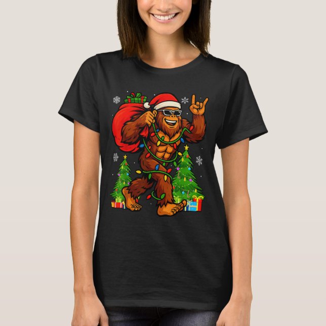 T-shirt Santa Bigfoot Christmas Tree Xmas Lights Funny Sas (Devant)
