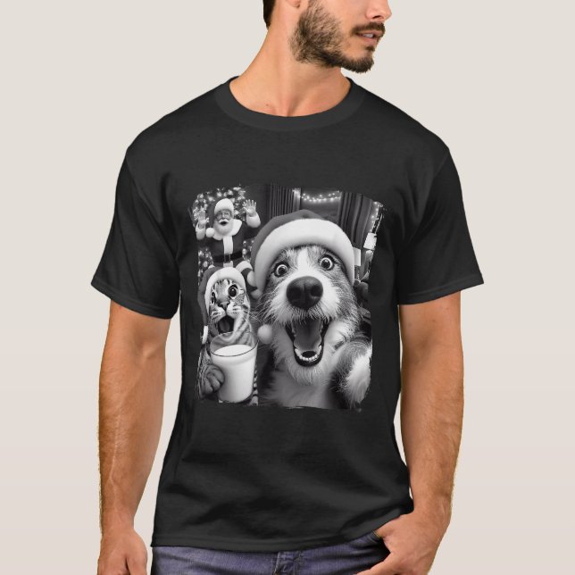 T-shirt Santa Christmas Funny Cat Taking Selfie Racoon Xma (Devant)