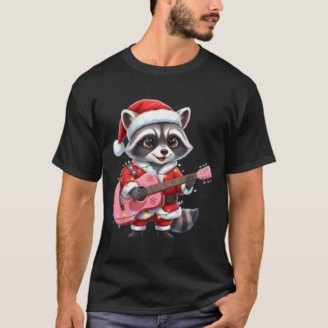 T-shirt Santa Christmas Raccoon Playing Nk Guitar  (Devant)