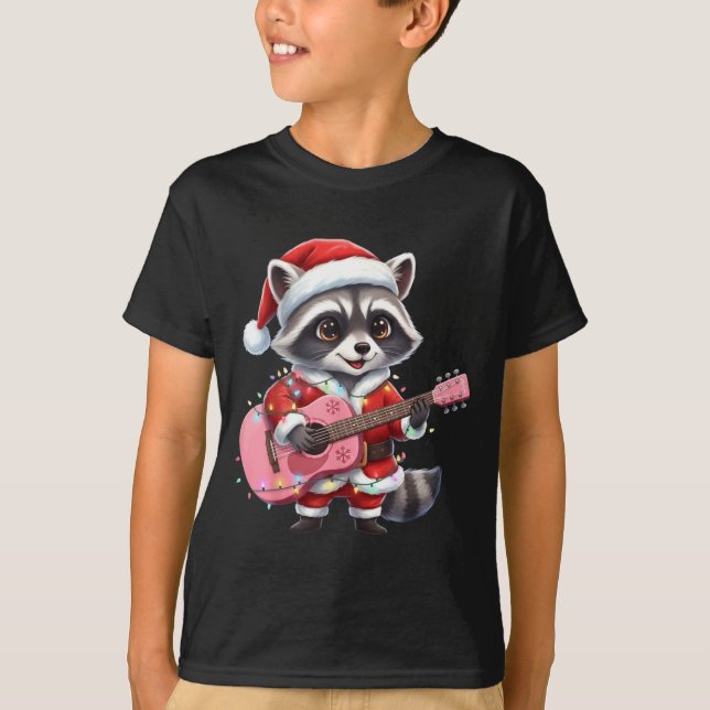 T-shirt Santa Christmas Raccoon Playing Nk Guitar  (Devant)