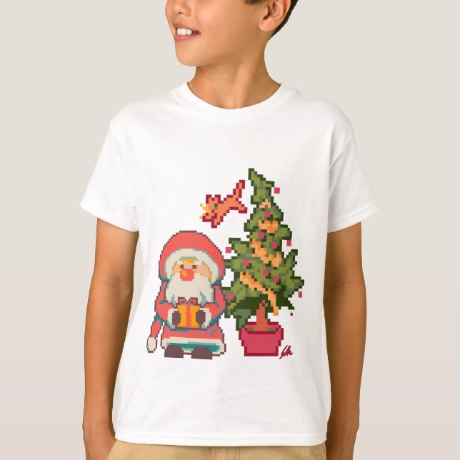 T-shirt Santa, Christmas tree, cat Pixelart, Pixel Art (Devant)