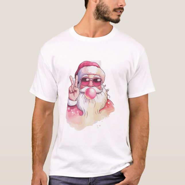 T-shirt Santa Claus Blowing Bubble Gum Pink Sunglasses  (Devant)