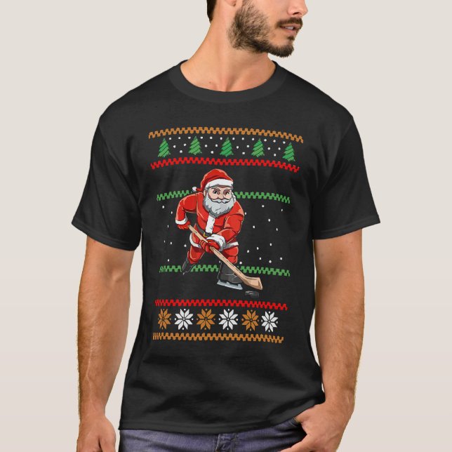 T-shirt Santa Claus Christmas Ice Hockey Ugly Sweater (Devant)