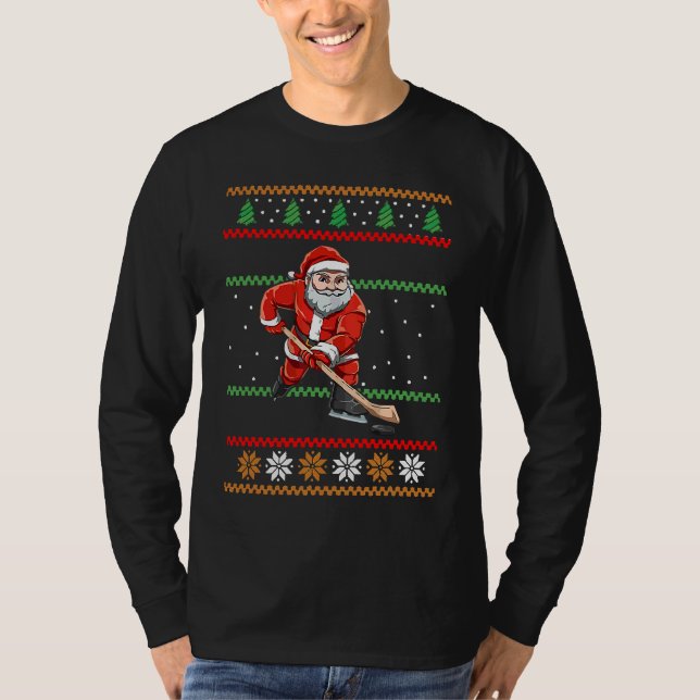 T-shirt Santa Claus Christmas Ice Hockey Ugly Sweater (Devant)