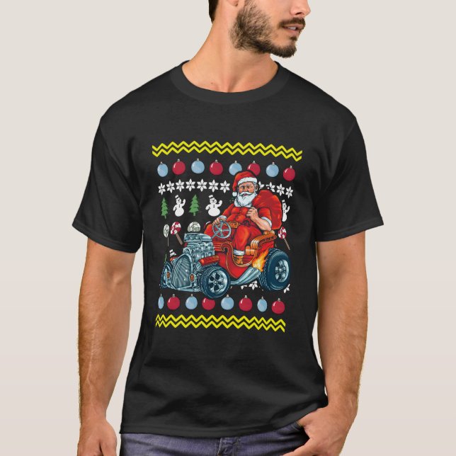 T-shirt Santa Claus Driving Hot Rod Ugly Car (Devant)