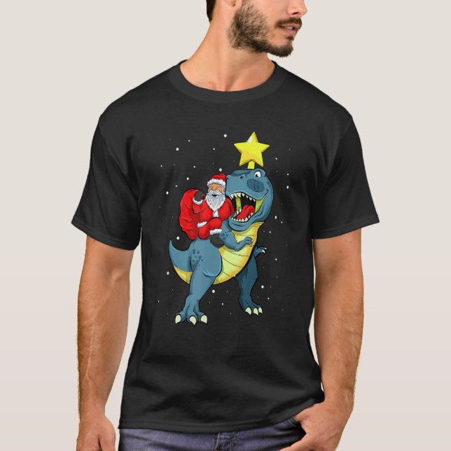 T-shirt Santa Claus équitation Rex Dinosaur Noël Pour Les  (Devant)