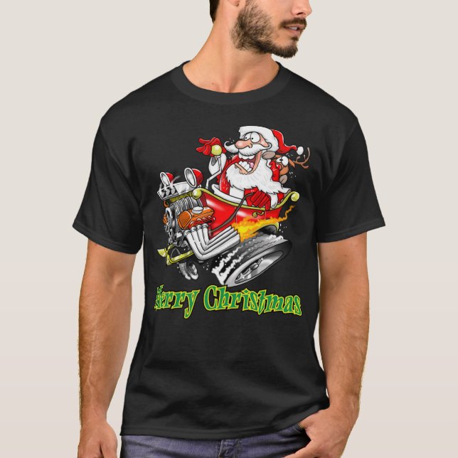 T-shirt Santa Claus Hot Rod Sleigh Merry Christmas (Devant)