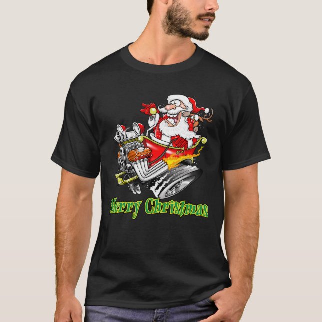 T-shirt Santa Claus Hot Rod Sleigh Merry Christmas Classic (Devant)