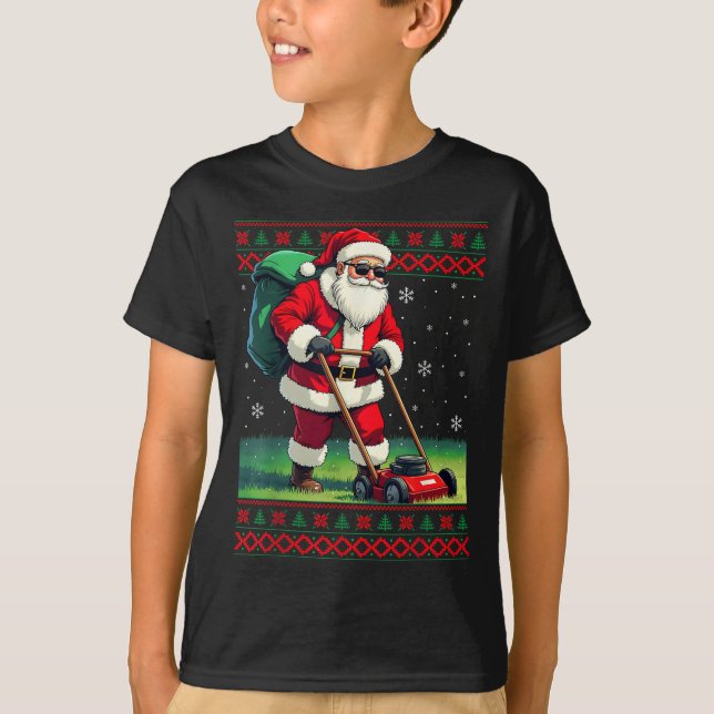 T-shirt Santa Claus Mowing Lawn Ugly Christmas Holiday Boy (Devant)