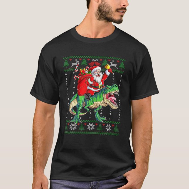 T-shirt Santa Claus Riding Dinosaur Rex Christmas (Devant)