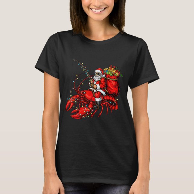 T-shirt Santa Claus Riding Lobster Lights Christmas Fishin (Devant)