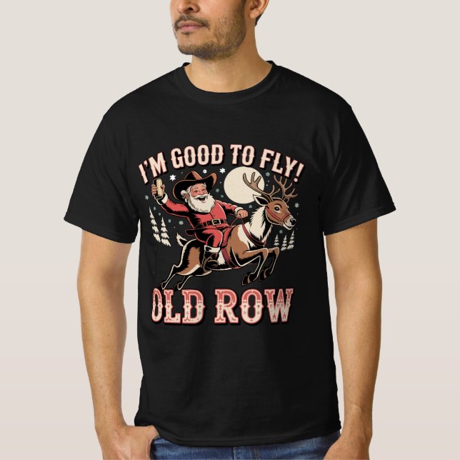 T-shirt Santa Claus riding reindeer I’m good to fly pocket (Devant)