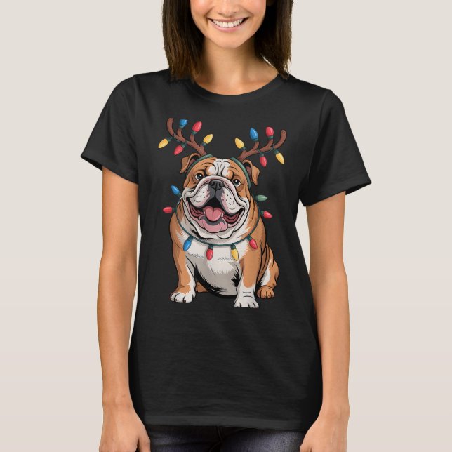 T-shirt Santa English Bulldog Reindeer Light Christmas  (Devant)