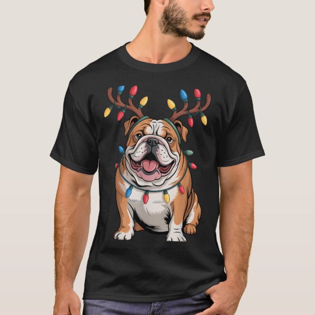 T-shirt Santa English Bulldog Reindeer Light Christmas  (Devant)