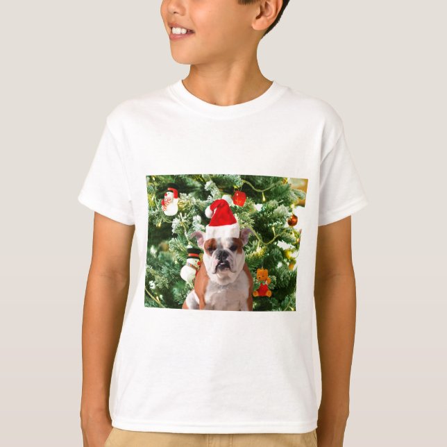 T-shirt Santa Hat Bulldog Christmas Tree Snowman boîte cad (Devant)