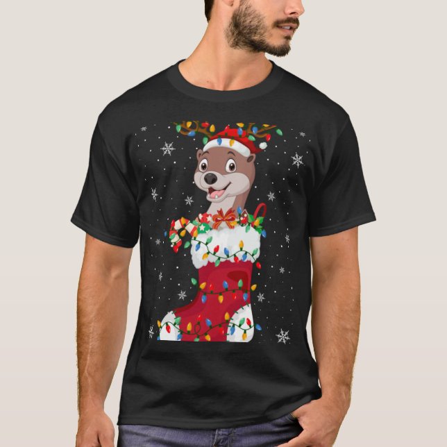 T-shirt Santa Hat Otter Animal In Socks Xmas Tree Lights T (Devant)