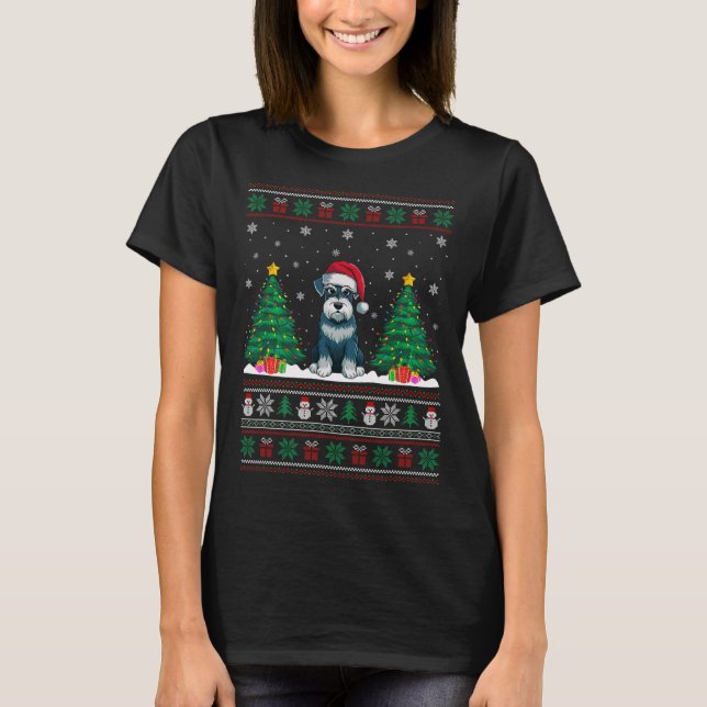 T-shirt Santa Hat Schnauzer Chien Feux de Noël Lumières (Devant)
