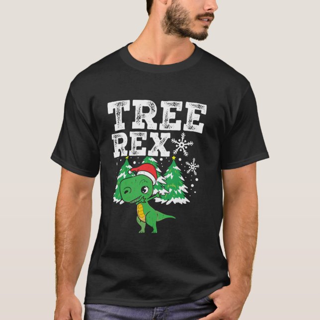 T-shirt Santa Hat Xmas Tree Rex Dinosaur Noël Long Sl (Devant)